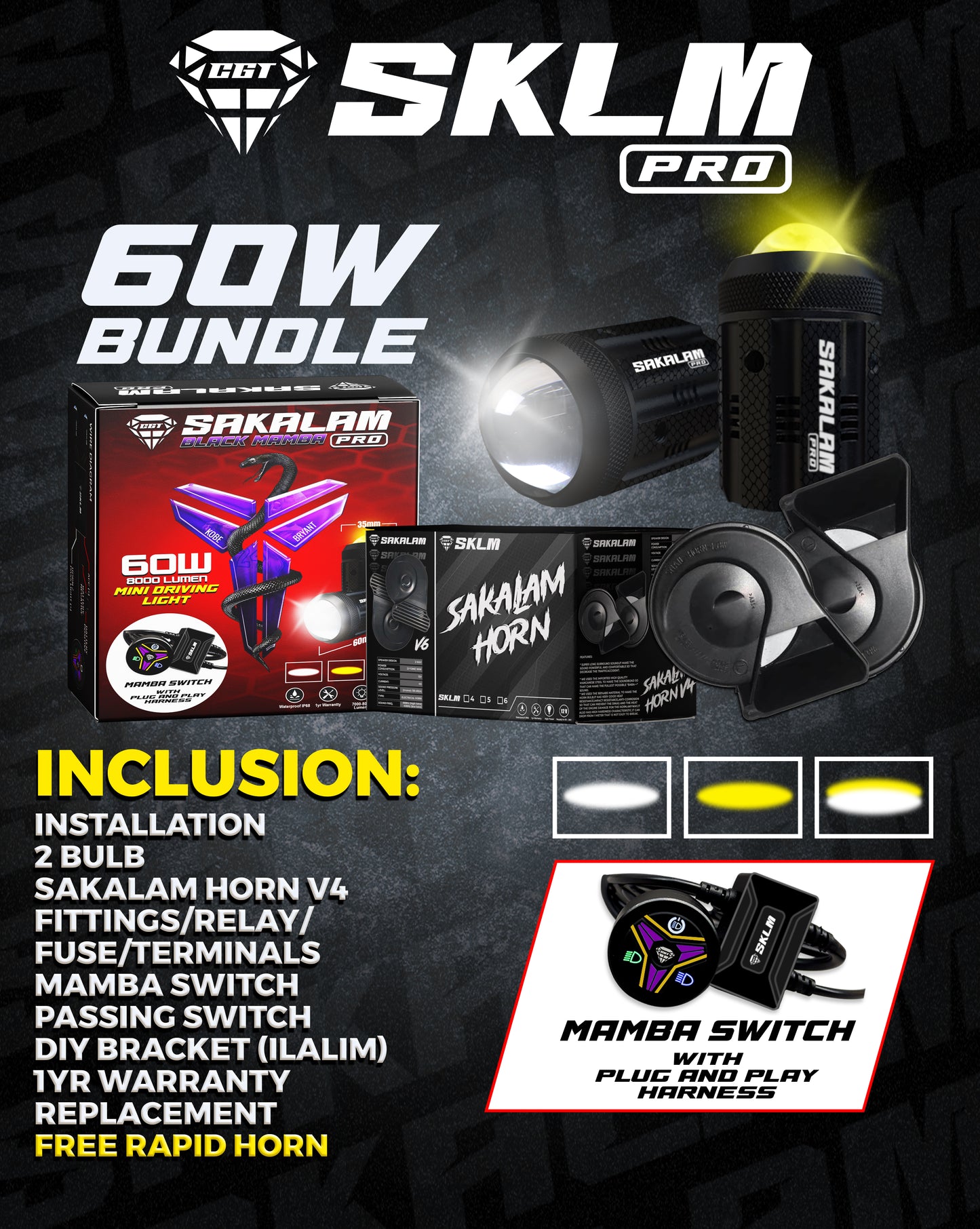 SKLM PRO 60W-8K LUMEN-BLACK MAMBA -HORN BUNDLE